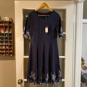 NWT Miusol Navy Embroidered Dress, Scalloped Hem